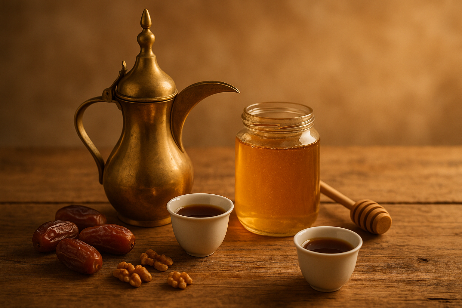 Arabic coffee and natural honey jar on a soothing photo 